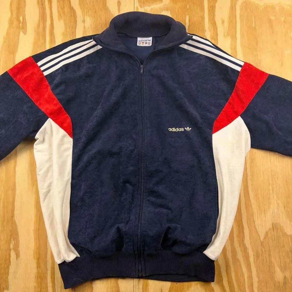 Vintage 70s–80s Adidas VENTEX Velour Track Jacket – Navy/Red/White – Size L